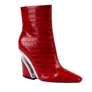 Elegant Red Croc-Patterned Ankle Booties